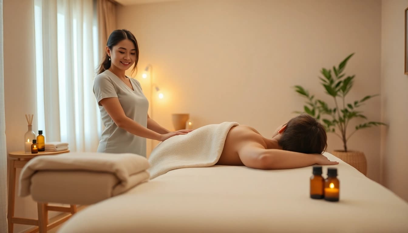 Relaxing 오산출장마사지 setting with a young therapist preparing for a session in a tranquil home atmosphere.