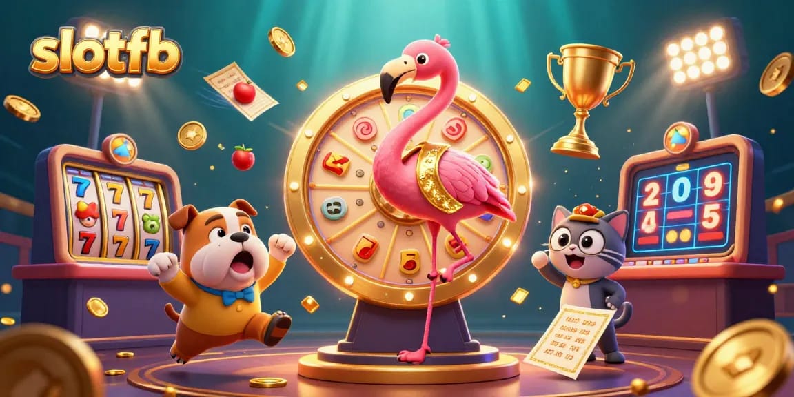 Menangkan hadiah menarik dengan slotfb dalam ilustrasi kasino 3D yang penuh warna dan detail.