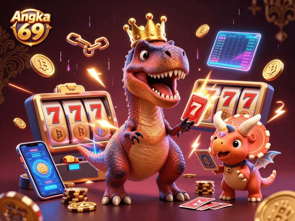 Experience the excitement of Angka 69 with playful dinosaurs and vibrant slot elements in this 3D casino illustration.