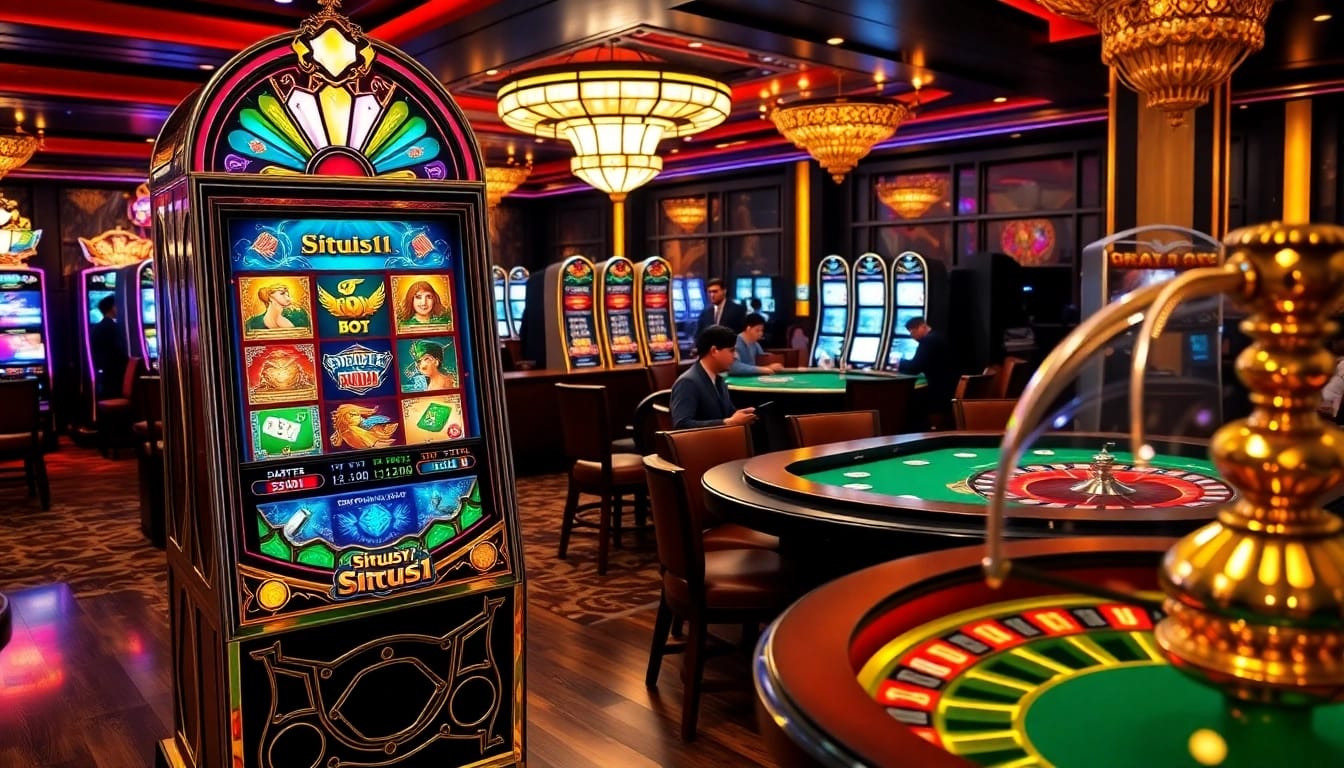 Play the captivating Situs11 slot machine amidst a luxurious casino setting filled with excitement.