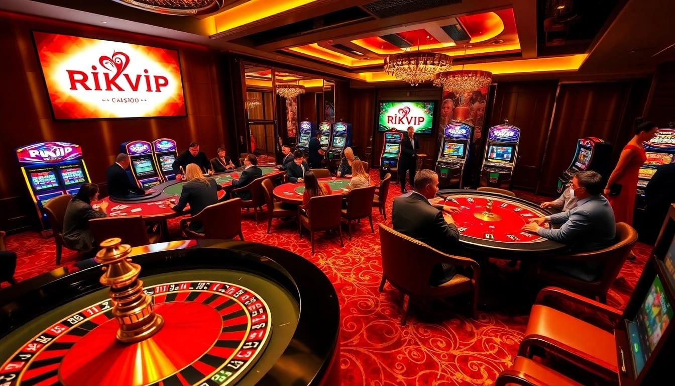 Rikvip players experiencing thrilling action at a luxurious casino table with vibrant games.