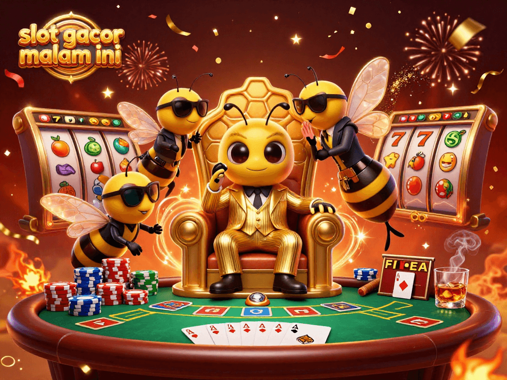 A vibrant scene showcasing slot gacor malam ini with a bumblebee mob boss, wasp bodyguards, and a butterfly informant amidst slot reels and poker elements.