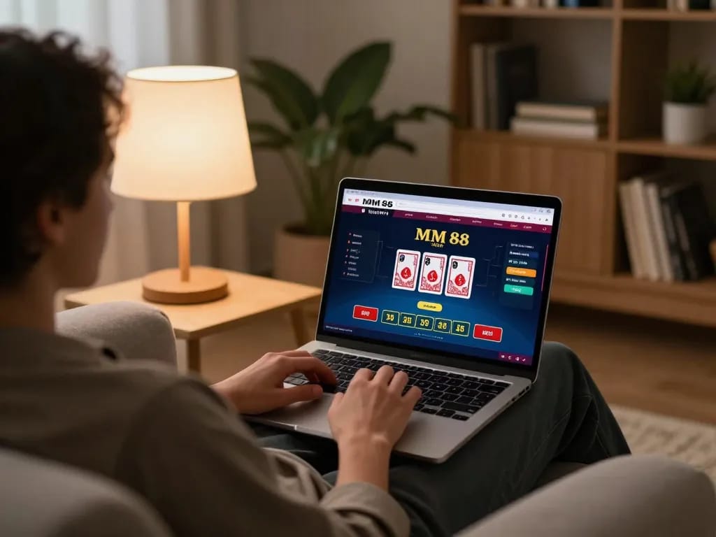 Engaging with MM 88 live dealer game on a laptop, showcasing online gambling comfort
