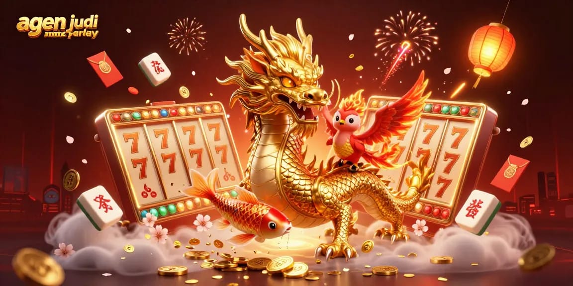Experience thrilling agen judi mix parlay action with vibrant dragon and phoenix in a casino-inspired 3D scene.