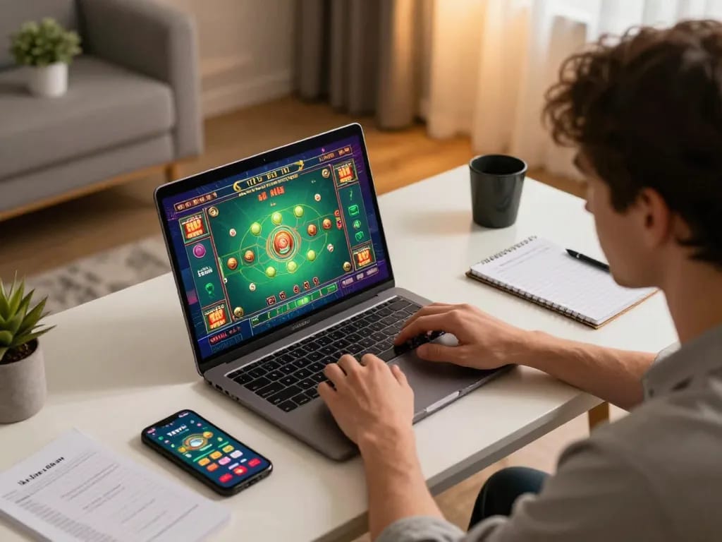 Tài xỉu online gameplay in a home office with strategic notes and casino apps displayed.