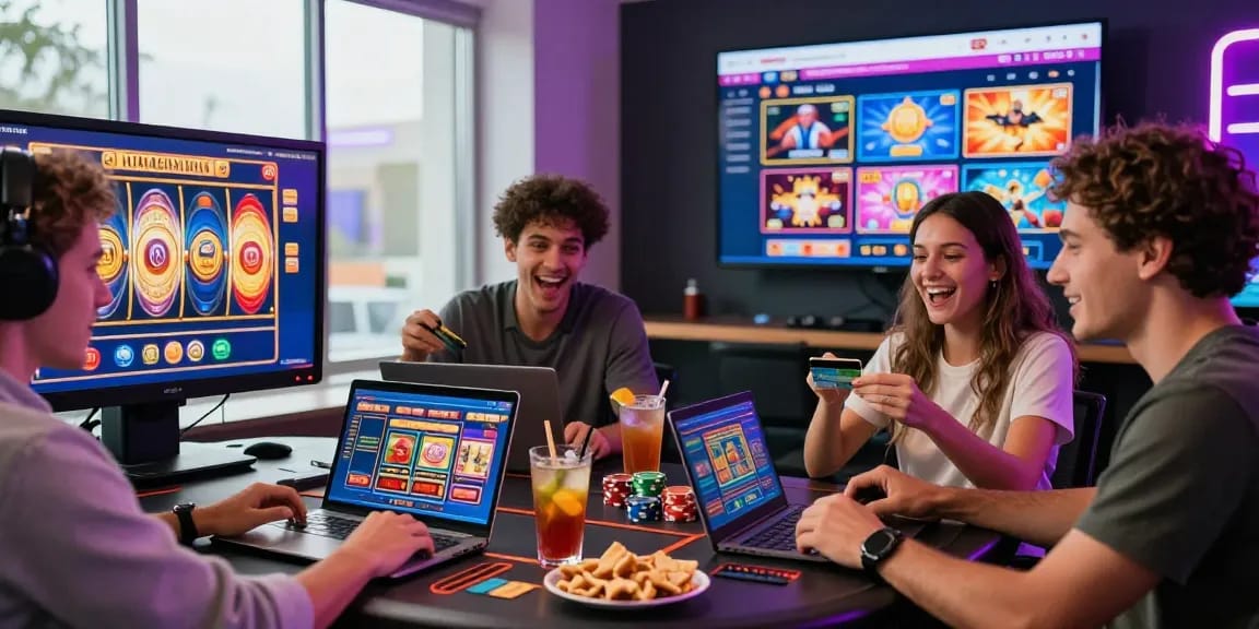 Players enjoying credit card casinos in a vibrant online gaming atmosphere with diverse devices and games.