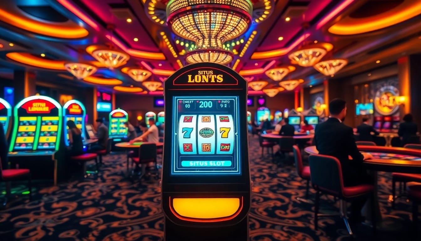 A thrilling kazino scene showcasing players enjoying situs slot demo on vibrant slot machines.