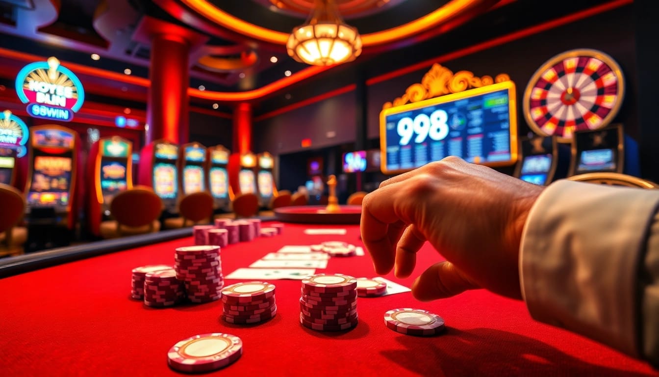 Experience the thrill of poker and slots at 98win in a vibrant casino setting.