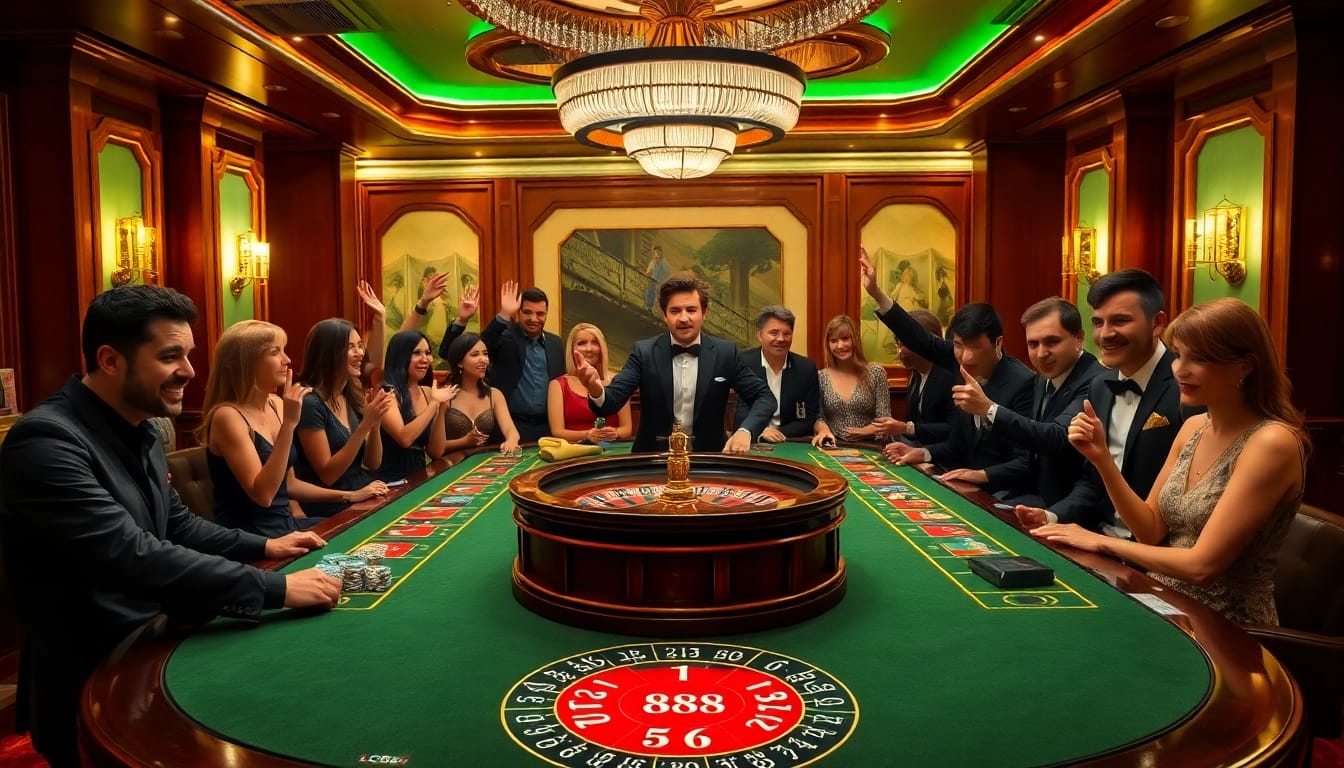 Experience the excitement of lc88 as players engage in thrilling casino games at an elegant table.