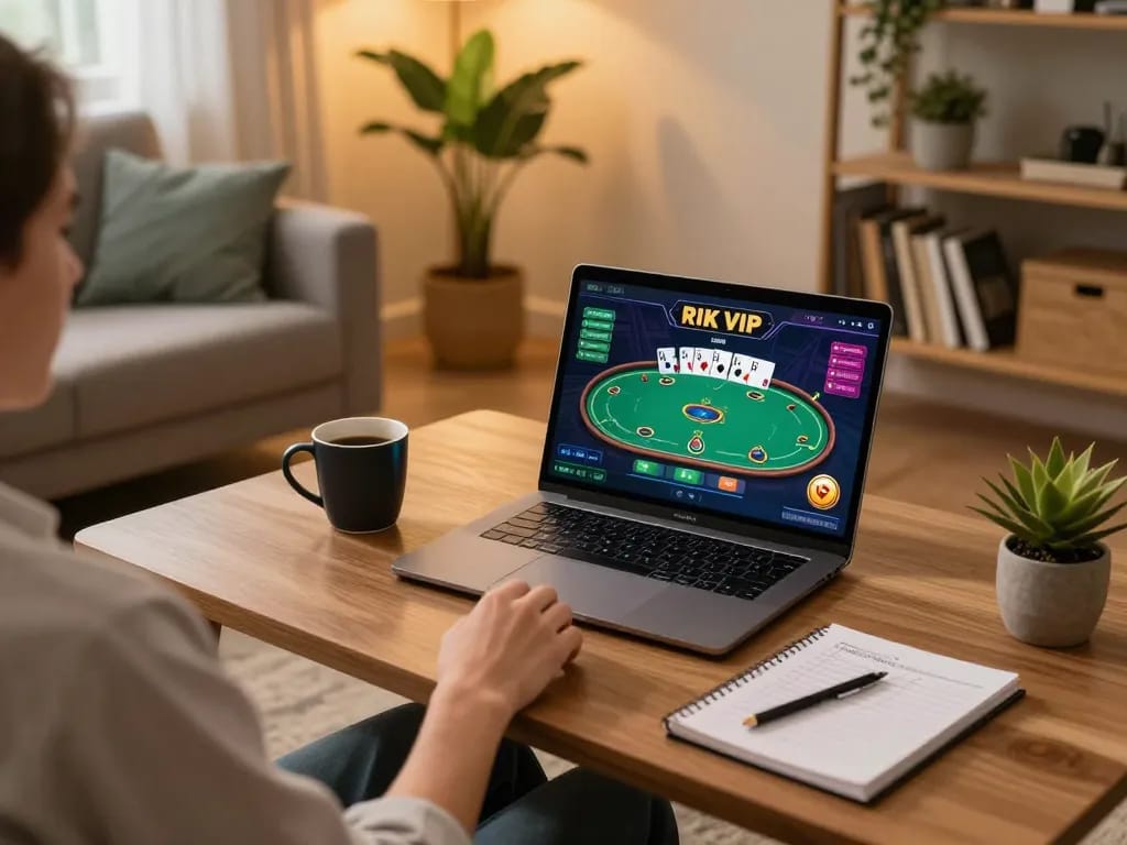 Engaging with RIK VIP poker game on a laptop in a cozy setting, showcasing strategic gameplay.