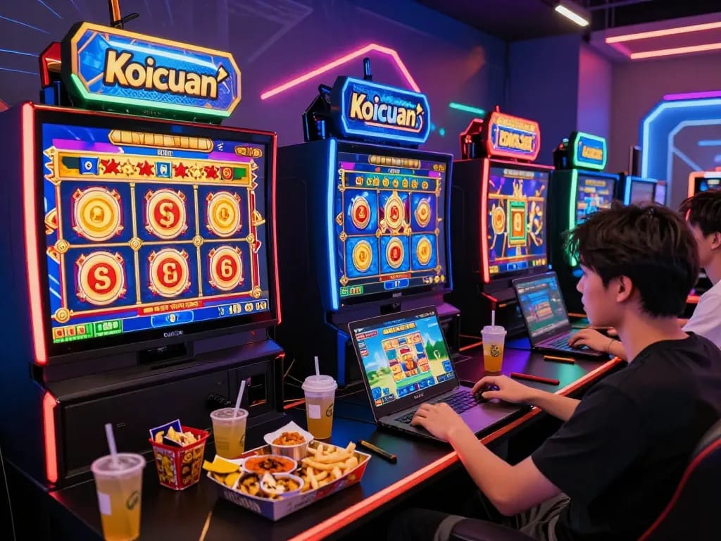 Sesi permainan yang mengasyikkan di Koicuan dengan pemain yang menikmati permainan slot, menampilkan grafis yang cerah dan kemenangan yang menarik.