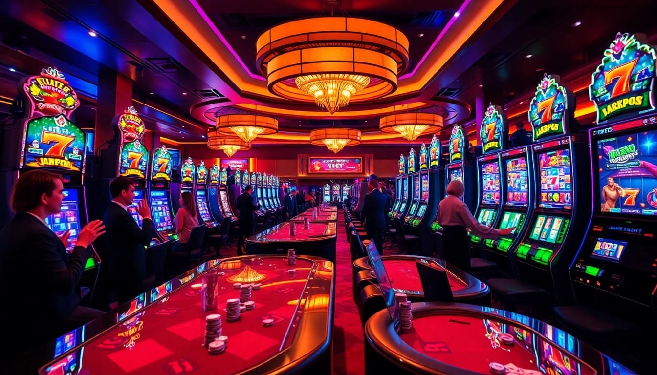 Players celebrating big wins at slot machines in a glamorous casino setting.