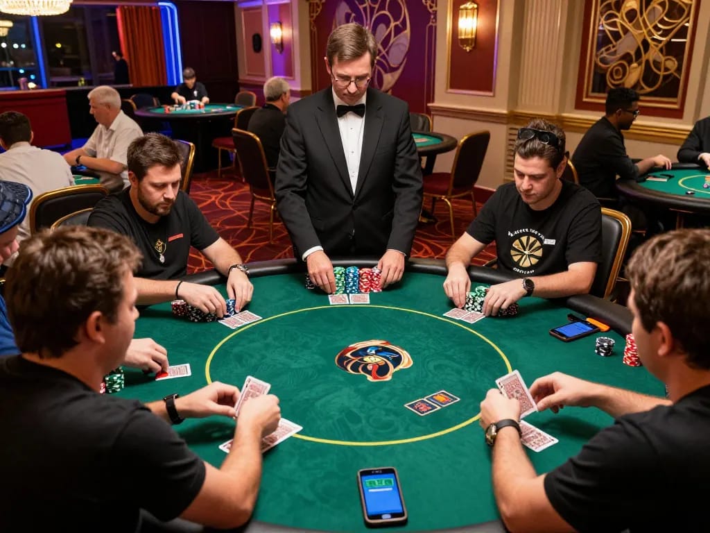 Players strategizing at a rikvip poker table during a high-stakes tournament, showcasing dynamic gameplay.