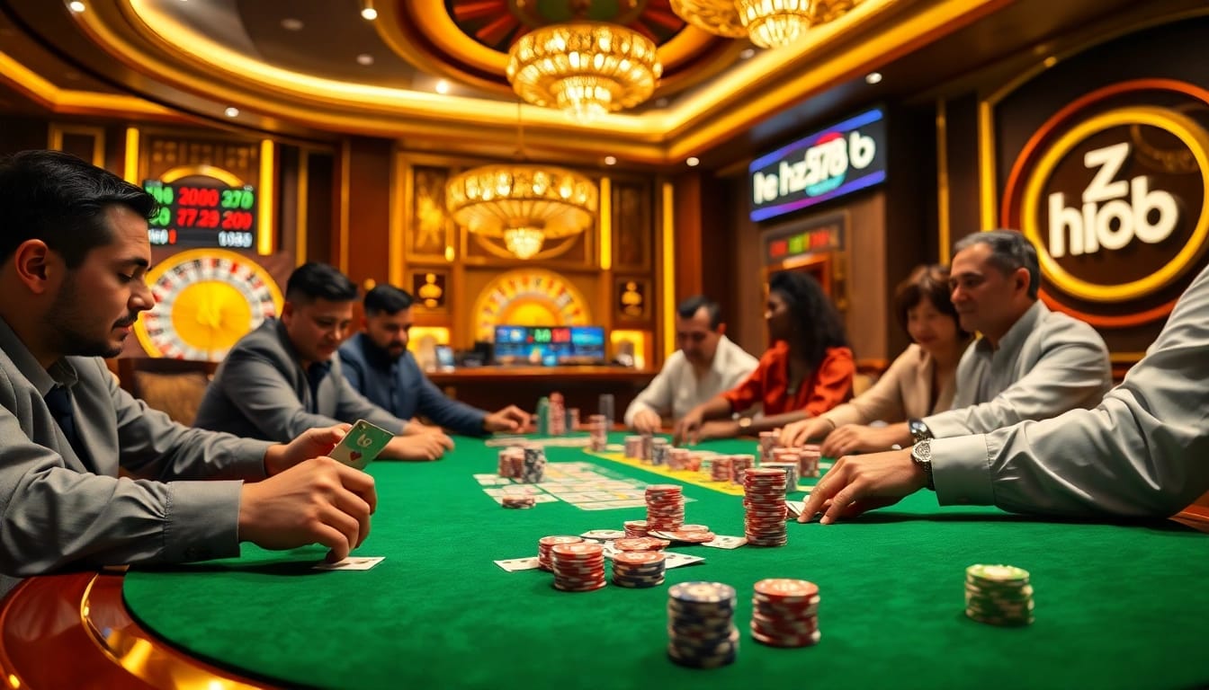 Professional gamblers placing bets with hz 88 poker chips and cards in a luxury casino