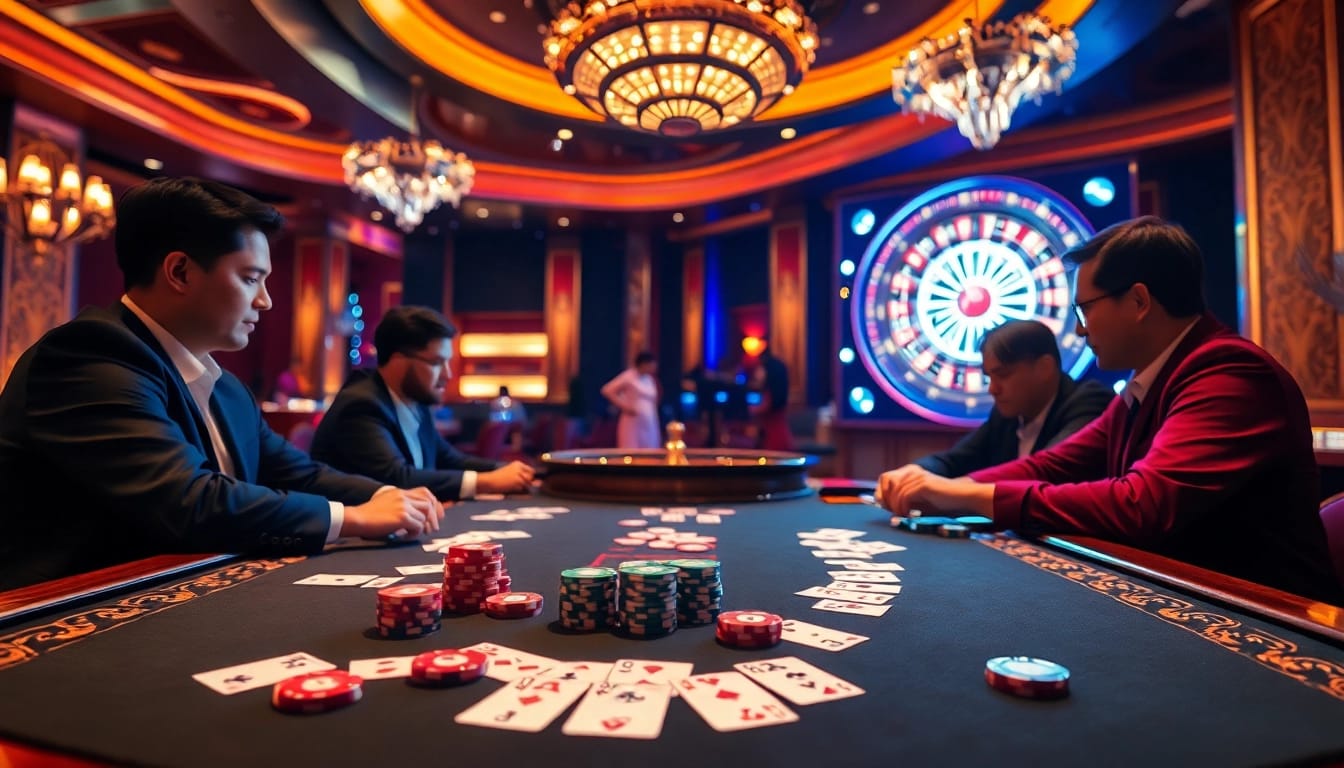 Experience the excitement of qh88 at a lavish poker table, featuring vibrant cards and chips.