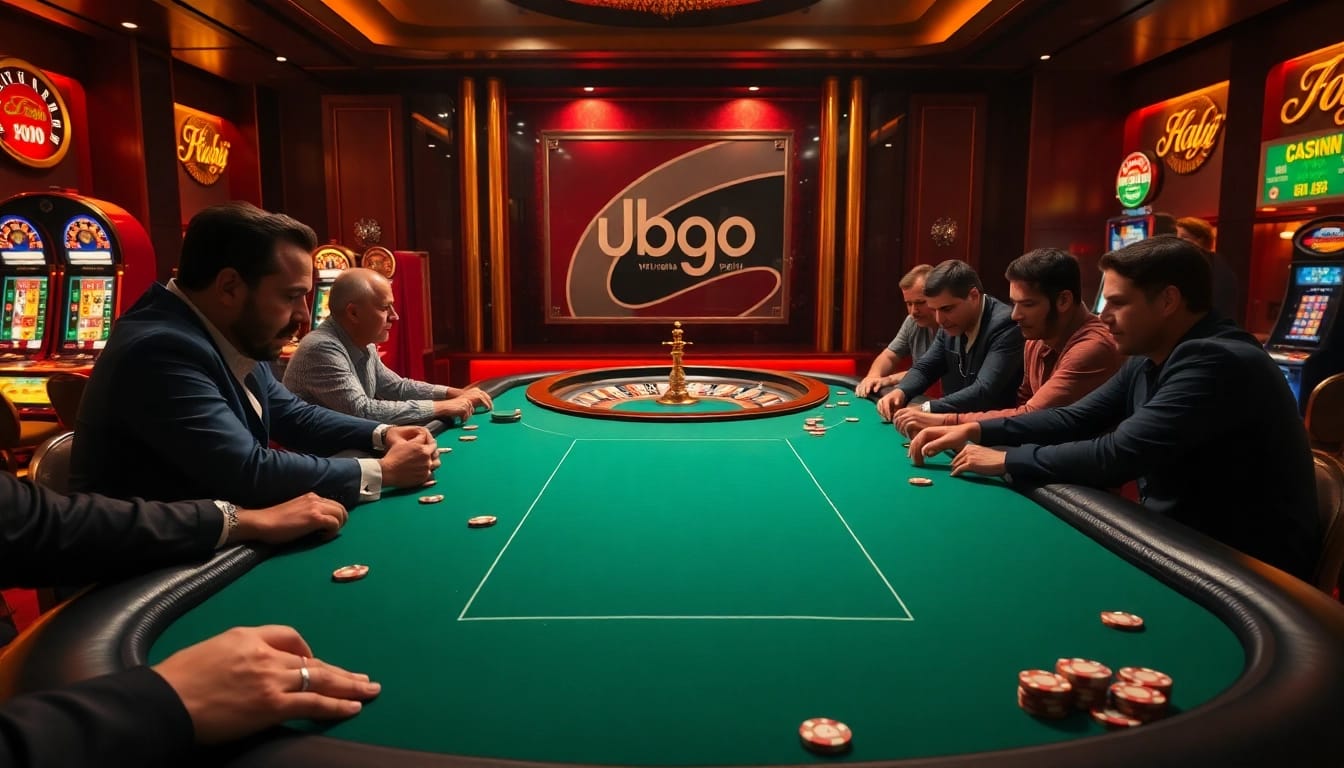 A thrilling poker game at a luxury casino, highlighting bdtk66 my branding amidst vibrant slot machines and roulette.