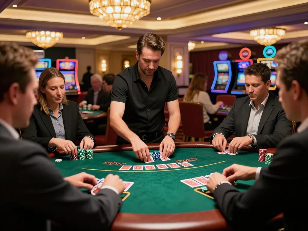 Players strategizing at RR88's blackjack table, showcasing an exciting casino atmosphere