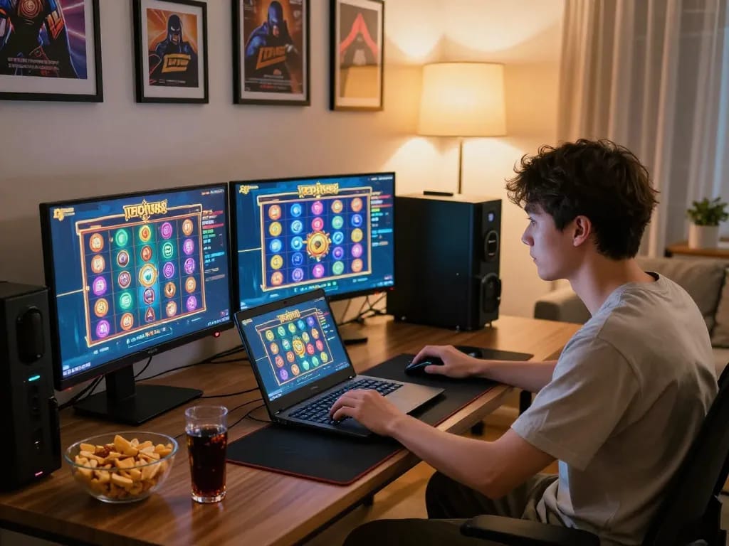 Momen permainan daring yang menarik di platform laoban188 dengan grafik slot yang cerah di ruang tamu yang nyaman.