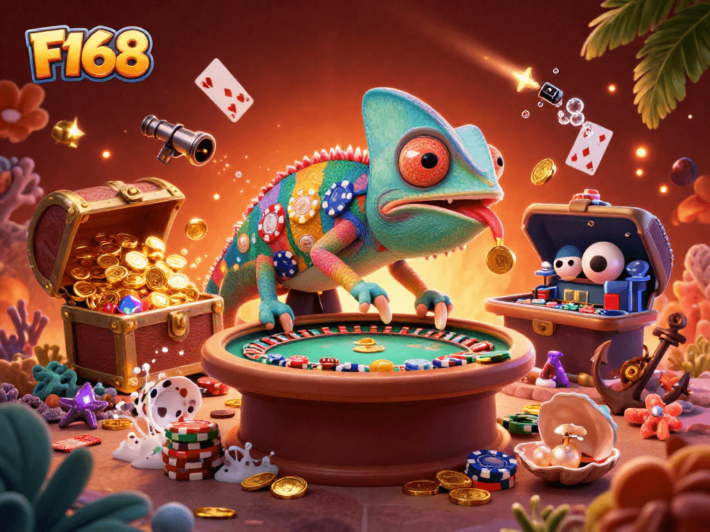 Experience the vibrant dynamics of F168 with a chameleon casino owner in a colorful gaming scene.