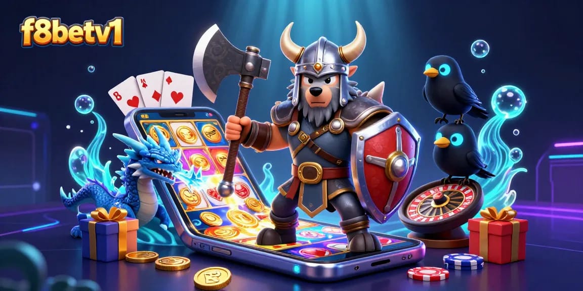 Engage with vibrant f8betv1 casino scene featuring a Viking wolf warrior, fierce dragon, and exciting slot games.