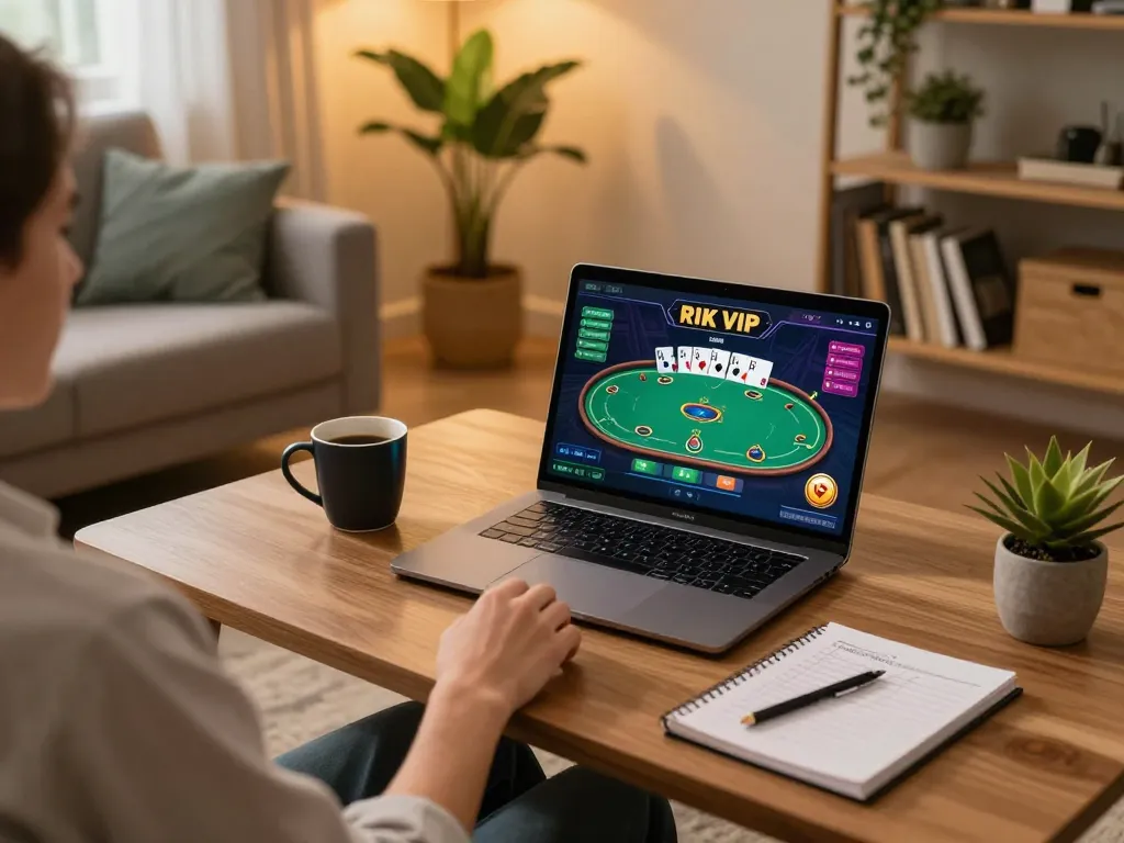 Engaging with RIK VIP poker game on a laptop in a cozy setting, showcasing strategic gameplay.