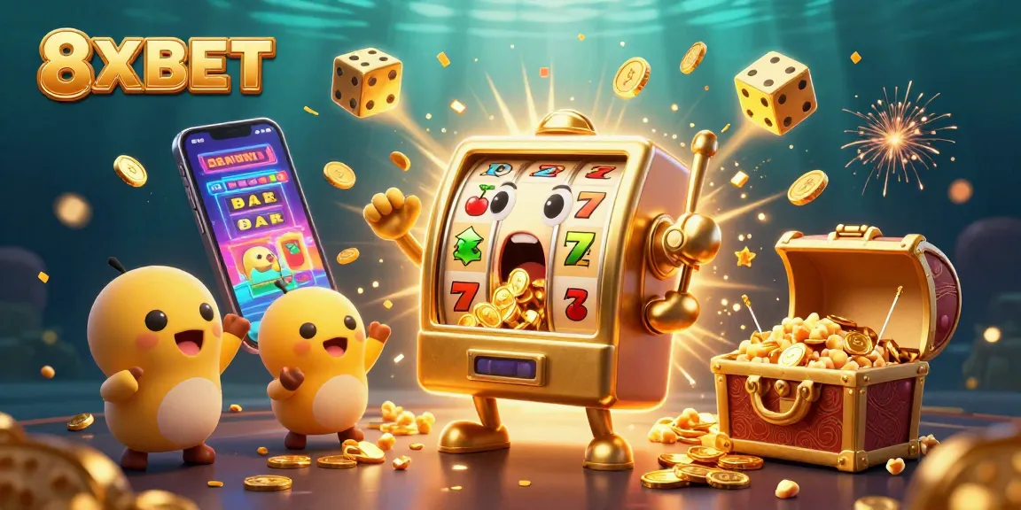 8XBET celebrates casino wins with vibrant, animated jackpot scene featuring golden slot machines bursting with coins.