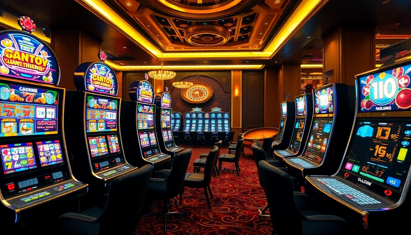 Experience the excitement of Nổ Hũ Đổi Thưởng with vibrant slot machines and luxury casino elements.
