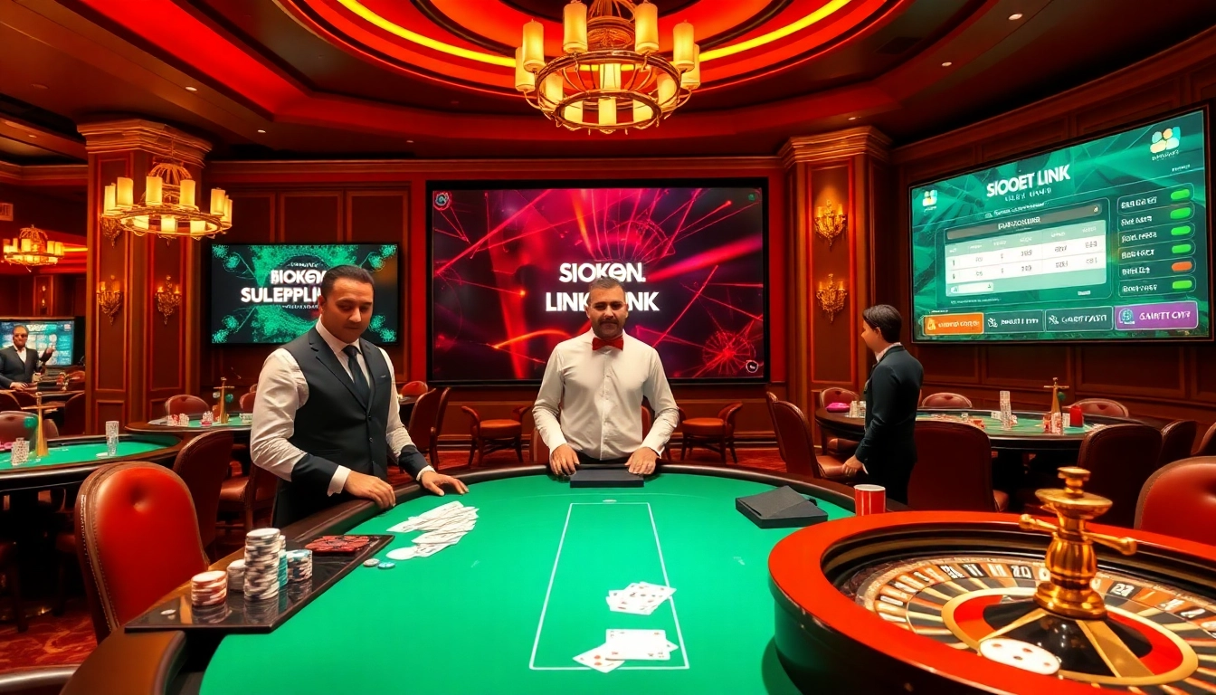 Exciting sbobet link login scene at a luxurious casino table featuring vibrant colors and professional atmosphere.