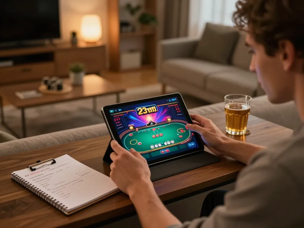 Engaging in online gaming at 23win đăng nhập, showing poker game interface on tablet while strategizing with notes.