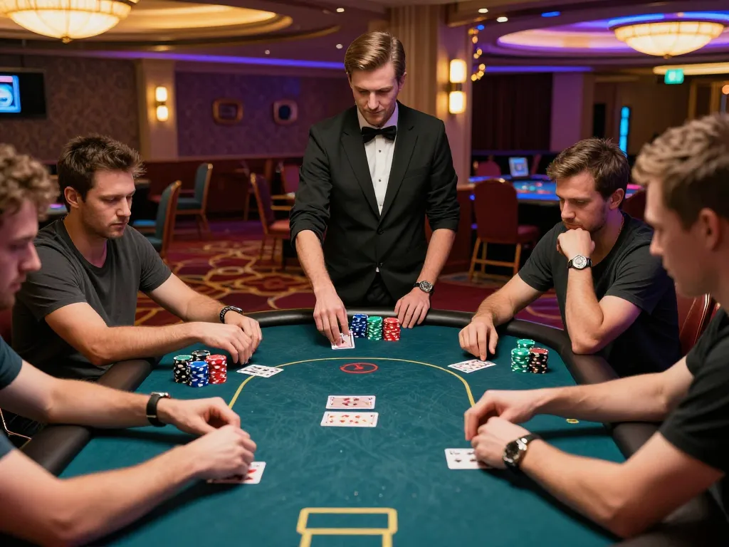 Pemain yang terlibat di meja poker WOLES88 sedang merencanakan strategi dalam suasana kasino yang semarak.