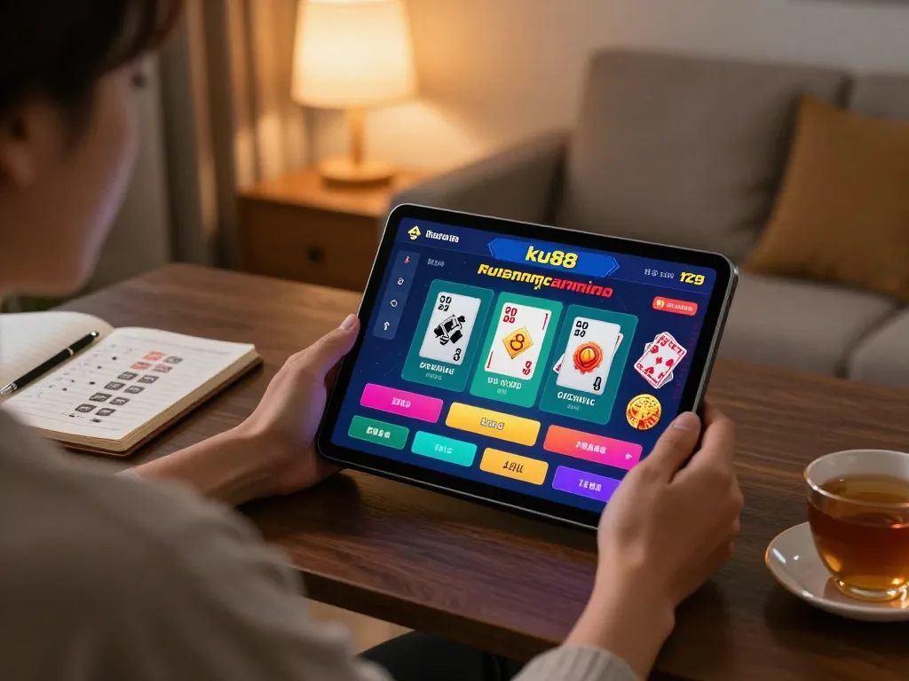 Engaging in responsible gaming on ku88 app at a cozy home setup with tablet.
