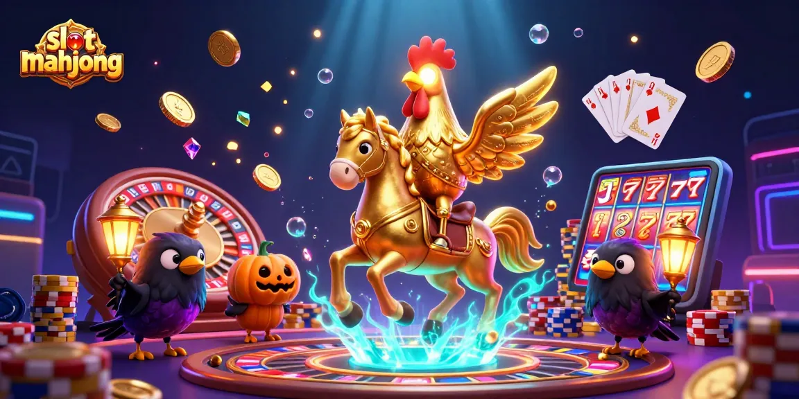 Experience the excitement of slot mahjong with a vivid scene featuring a golden rooster and spectral horses in a lively casino.