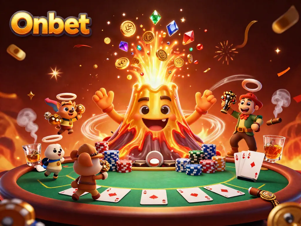 Experience the excitement of Onbet as animated treasures erupt from a golden volcano with poker elements.