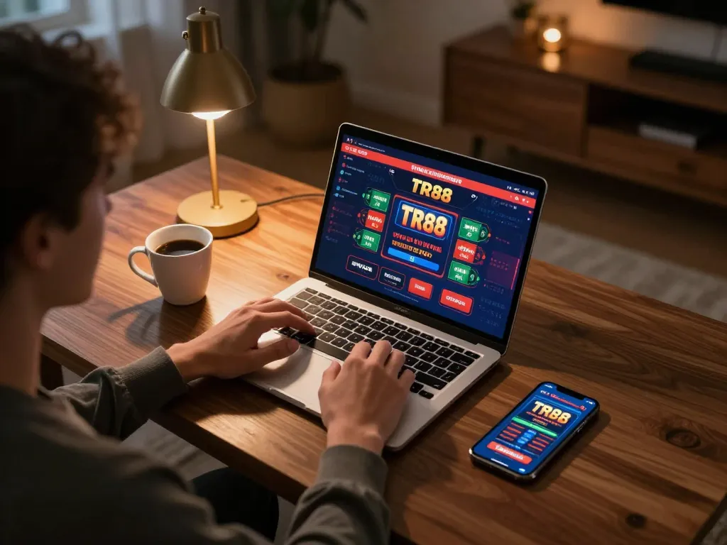 Engaged player using TR88 app on laptop during an online gambling session at home