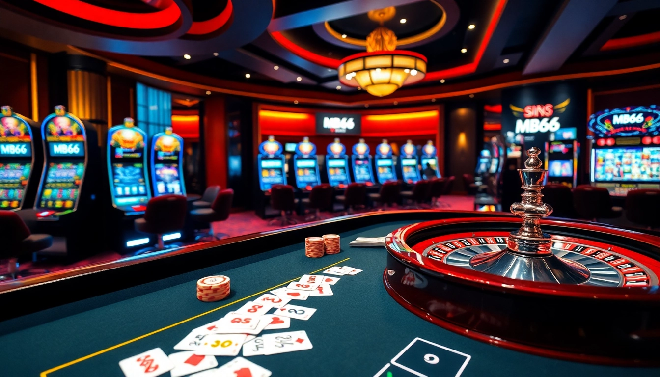Experience the thrill of MB66 with vibrant casino tables and exciting games in a luxurious setting.