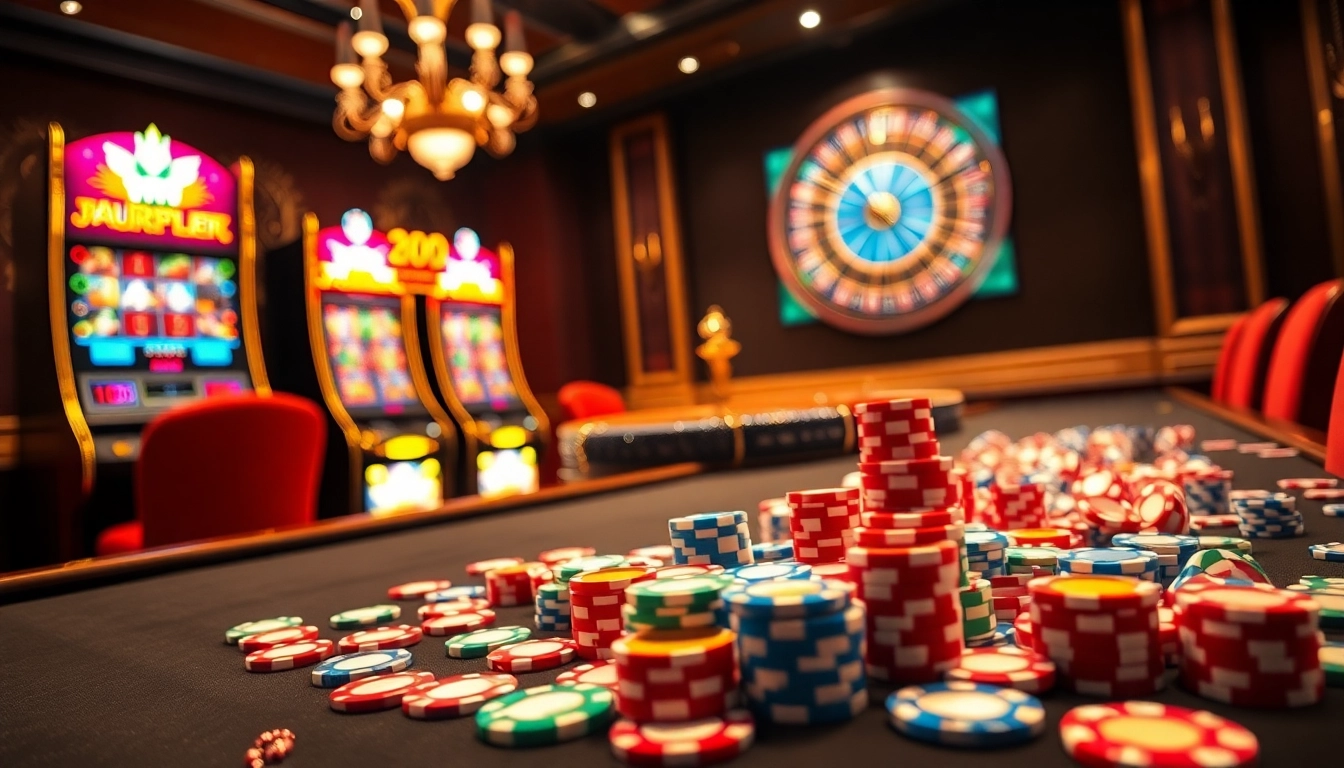 Engaging IDN Slot gaming at a luxurious casino with vibrant poker chips and dazzling slot machines.