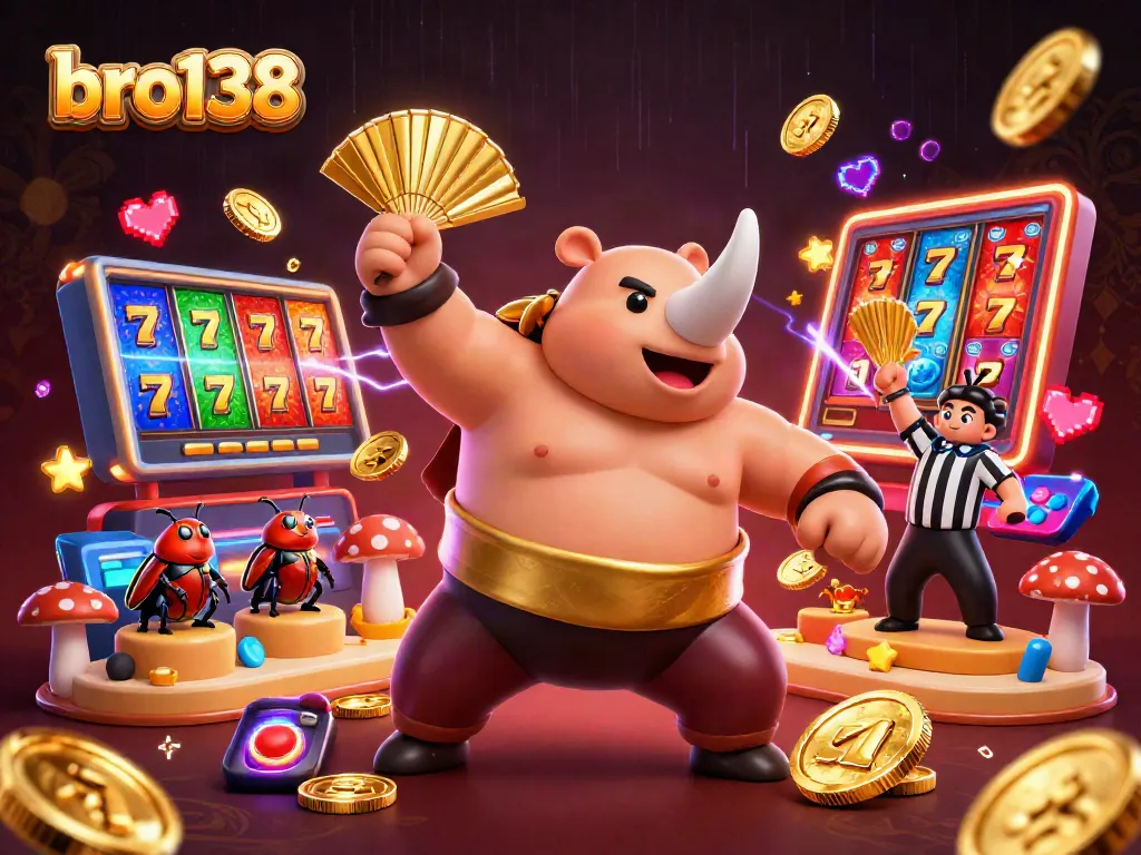 Bro138 engages players in an action-packed scene with vibrant slot reels, golden coins, and lively characters.