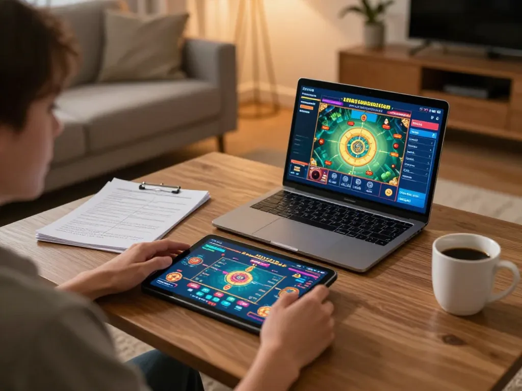 Enjoying online gaming at home with FAFA 828 on tablet, showcasing a responsible gaming environment.