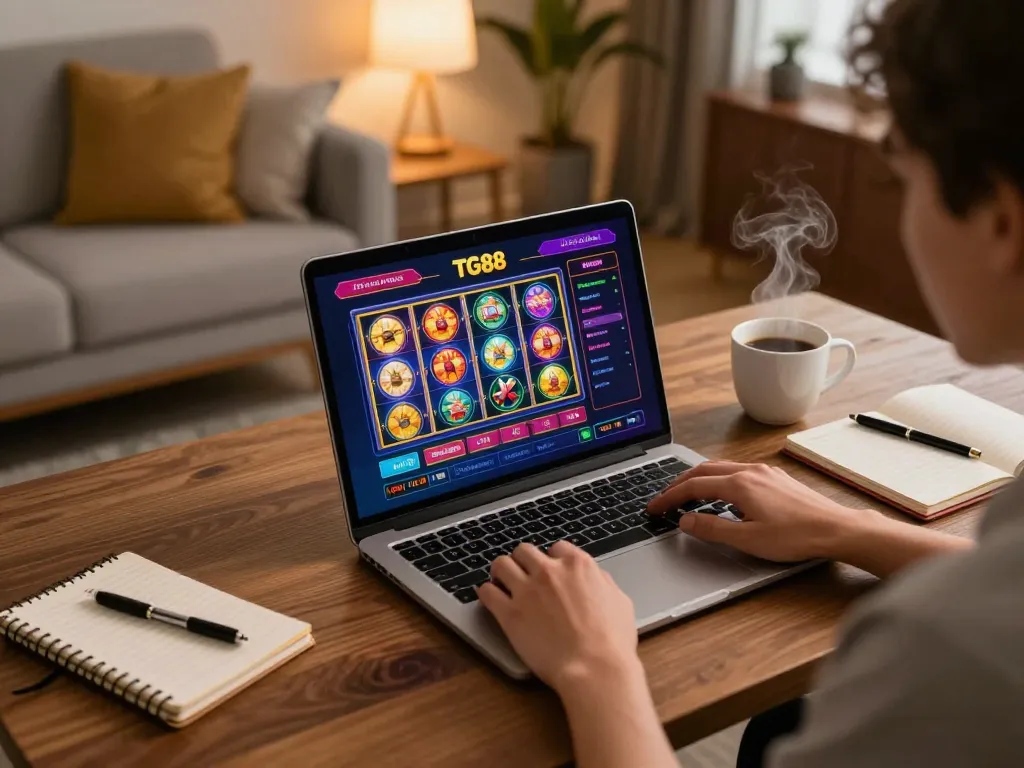 Engaging in gaming strategy on TG88 platform with cozy home setup emphasizing responsible betting.