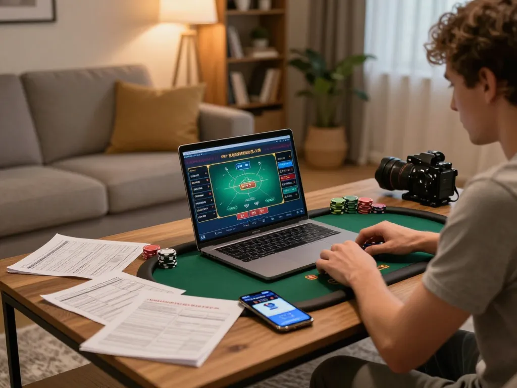 Player enjoying poker on Jun88 while surrounded by strategy notes in a cozy home setting.