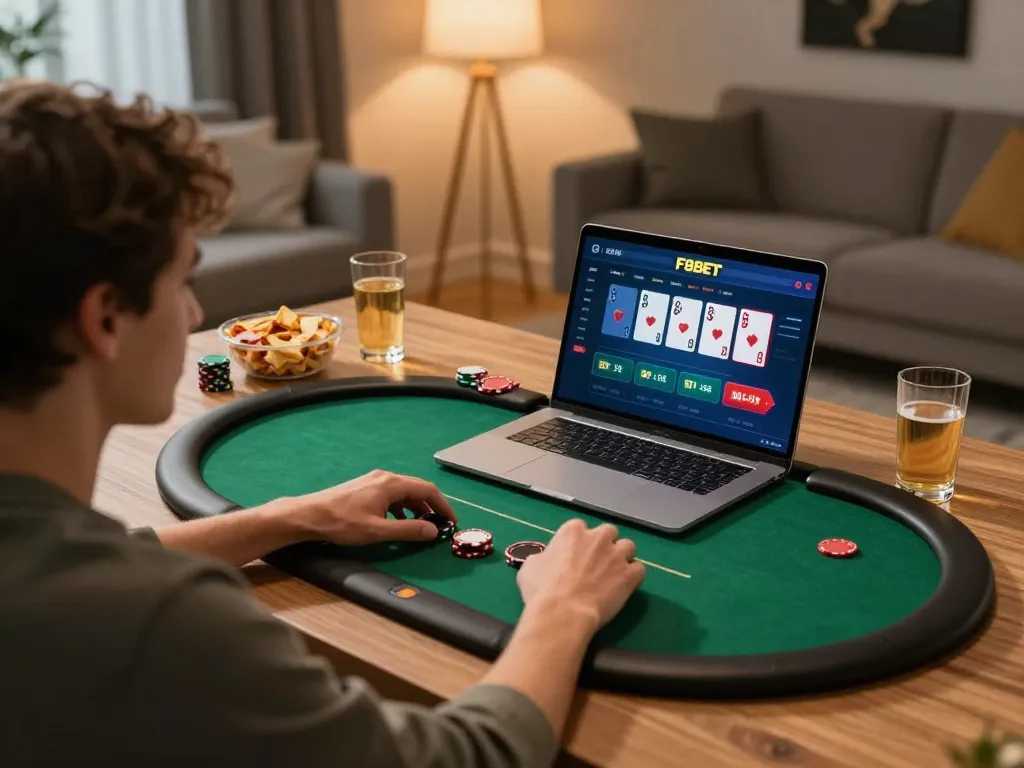 Player engaging with F8BET online poker, showcasing a modern home gaming setup with cozy ambiance.