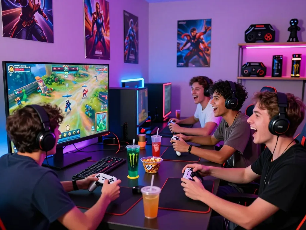 Friends enjoying the thrilling hoki288 multiplayer gaming experience in a vibrant setting with snacks and gaming controllers.