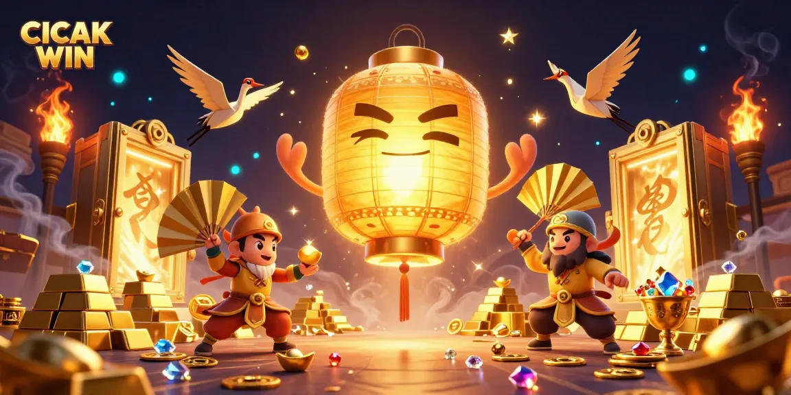 CICAK WIN glows amidst a vibrant casino scene filled with treasure and lucky symbols