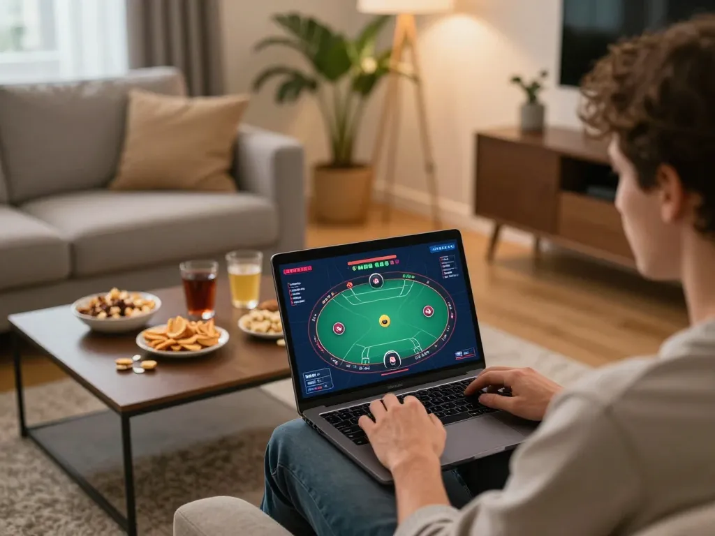 Person playing poker online at home using bk8 platform with cozy settings and snacks.