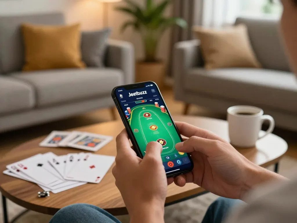 Engaged player strategizing on the Jeetbuzz app in a cozy home setting.