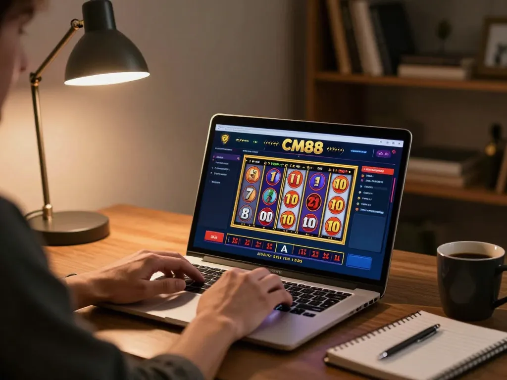 Player engaging with CM88 online casino interface on a modern home laptop, showcasing immersive gaming experience.