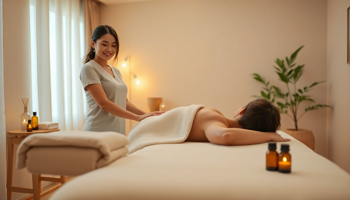 Relaxing 오산출장마사지 setting with a young therapist preparing for a session in a tranquil home atmosphere.