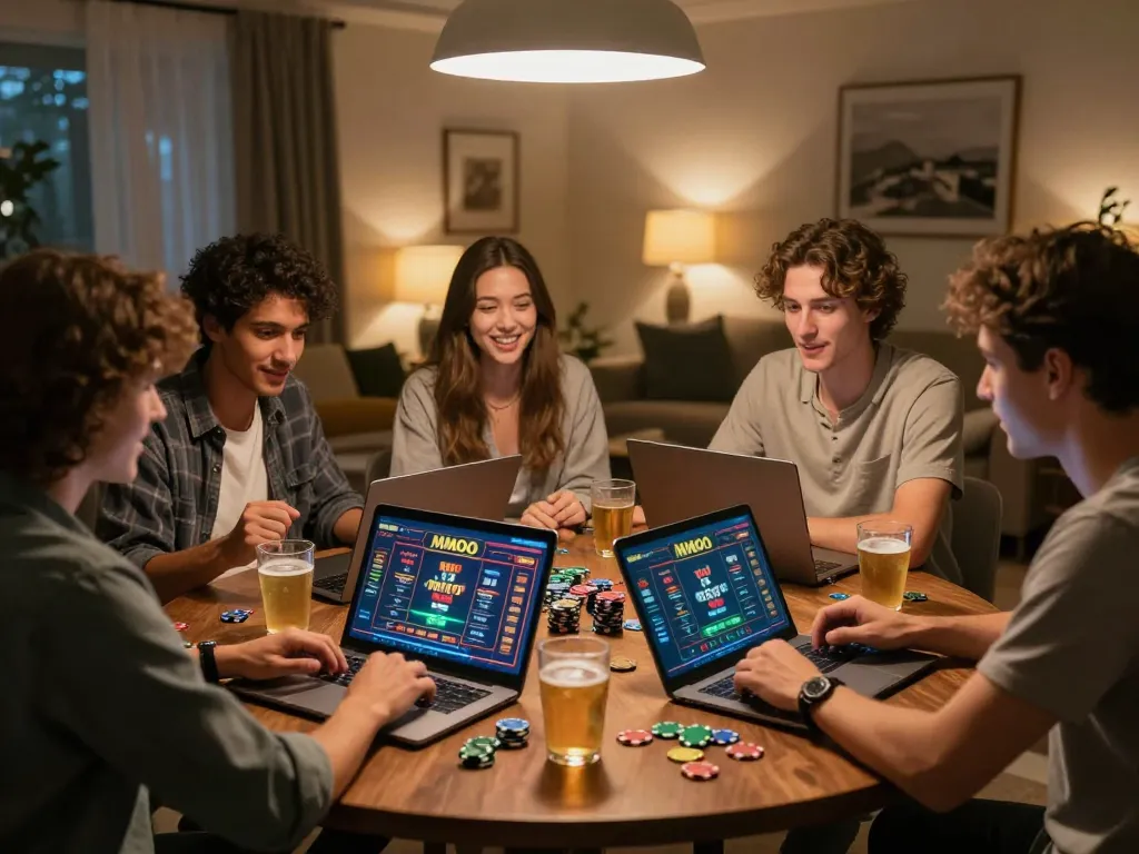 Friends engaged in online casino gameplay at home with MMOO interface displayed