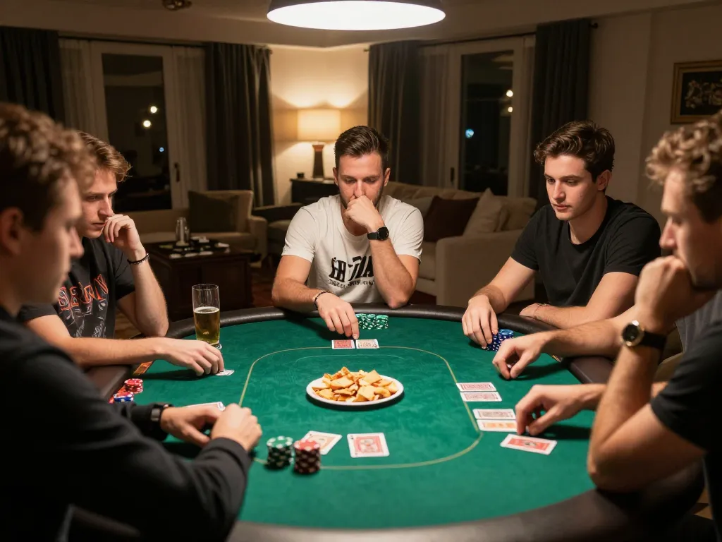 Pemain Dewi89 menikmati permainan poker strategis di lingkungan rumah yang nyaman dengan camilan dan minuman di dekatnya