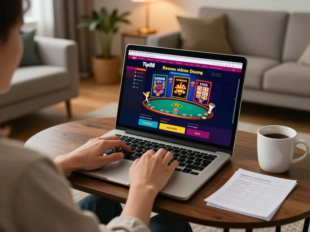 Player enjoying an online poker game on tip88, showcasing cozy home gambling experience.